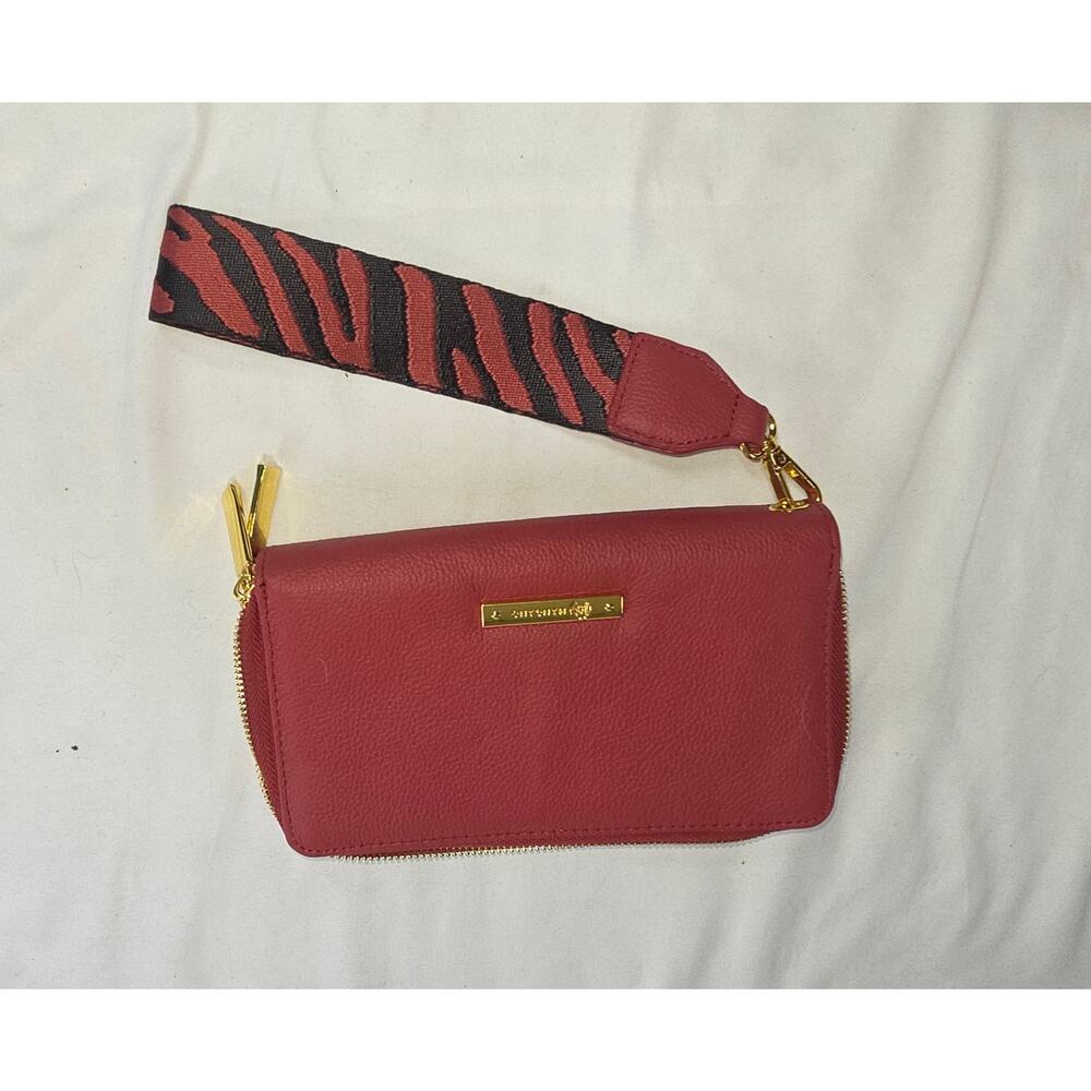 Mangano Red Leather Zip Around Wristlet Wallet Zebra Strap Gold Hardware